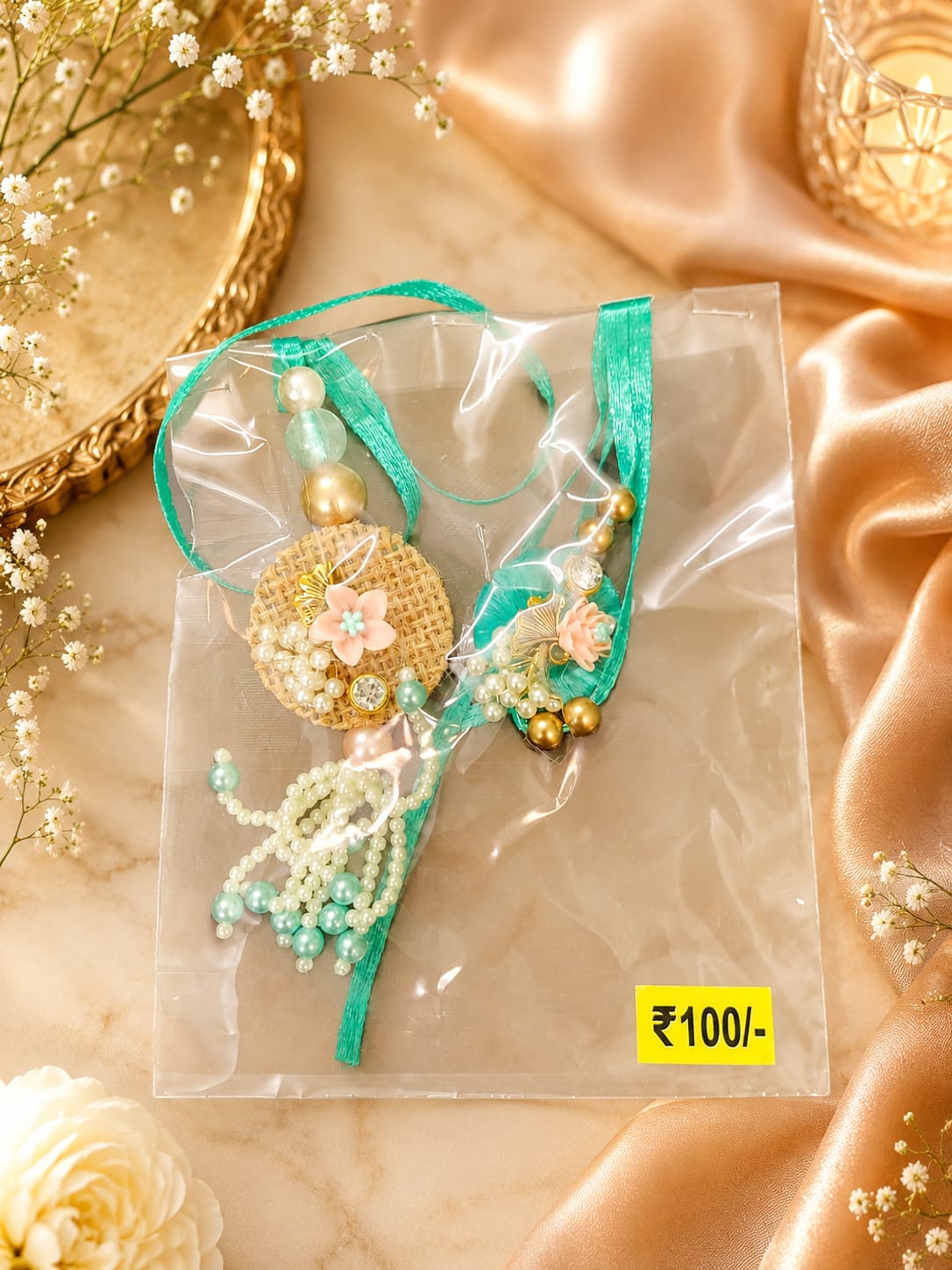 Handcrafted Floral Pearl Rakhi with Tassel