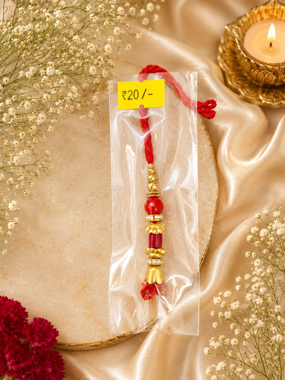 Traditional Red Beaded Rakhi with Golden Designer Beads
