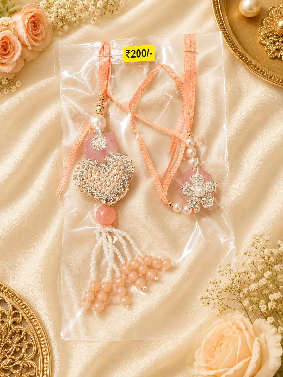 Peach Pearl Designer Lumba Rakhi Set