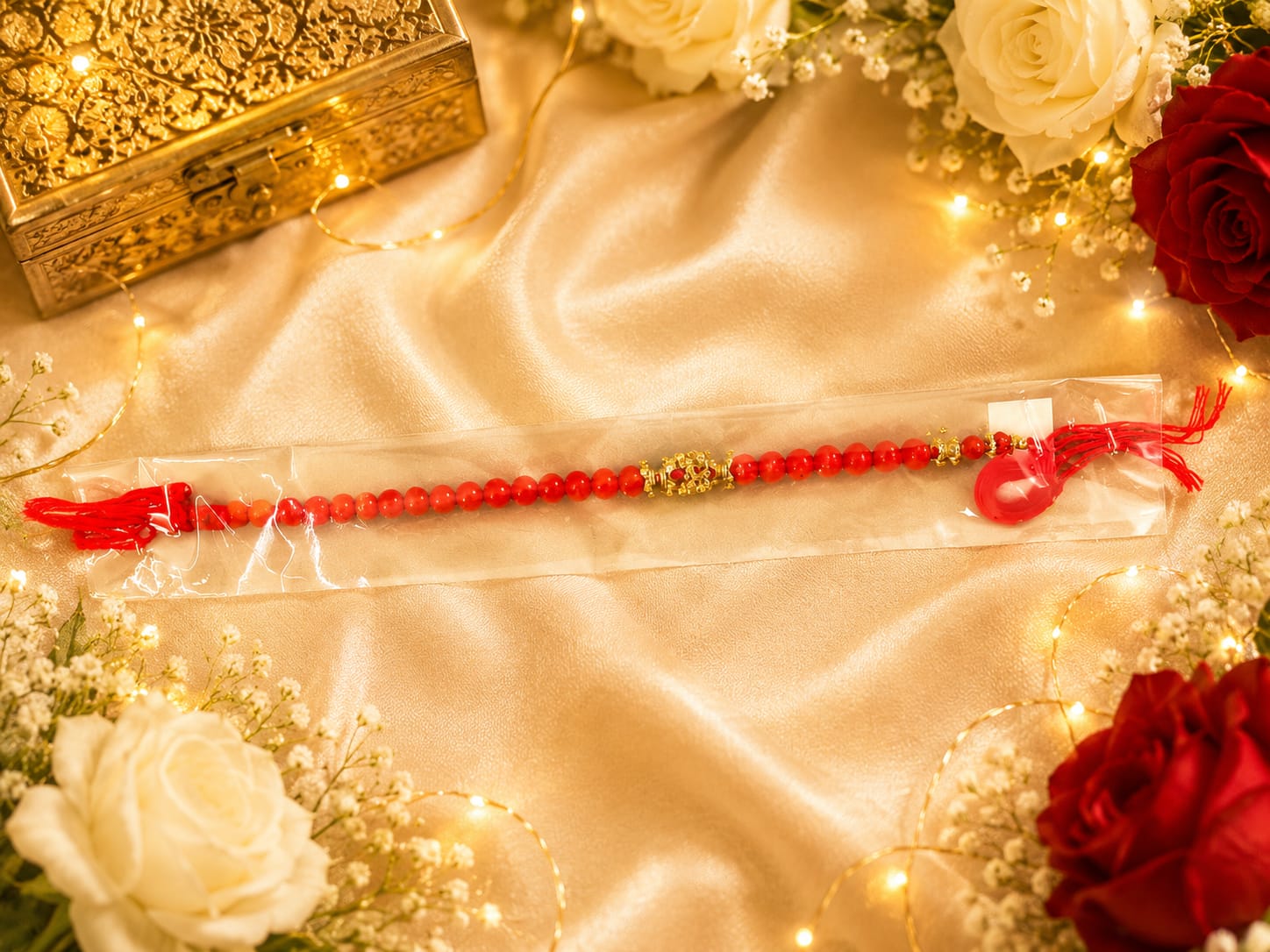 Premium Red Beaded Rakhi with Designer Centerpiece