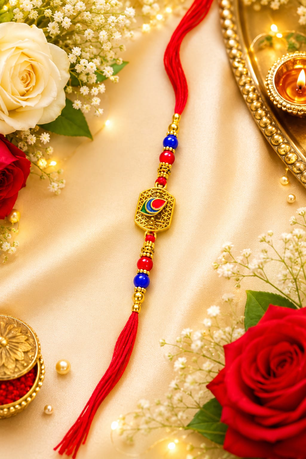 Luxury Red Thread Rakhi with Peacock Centerpiece