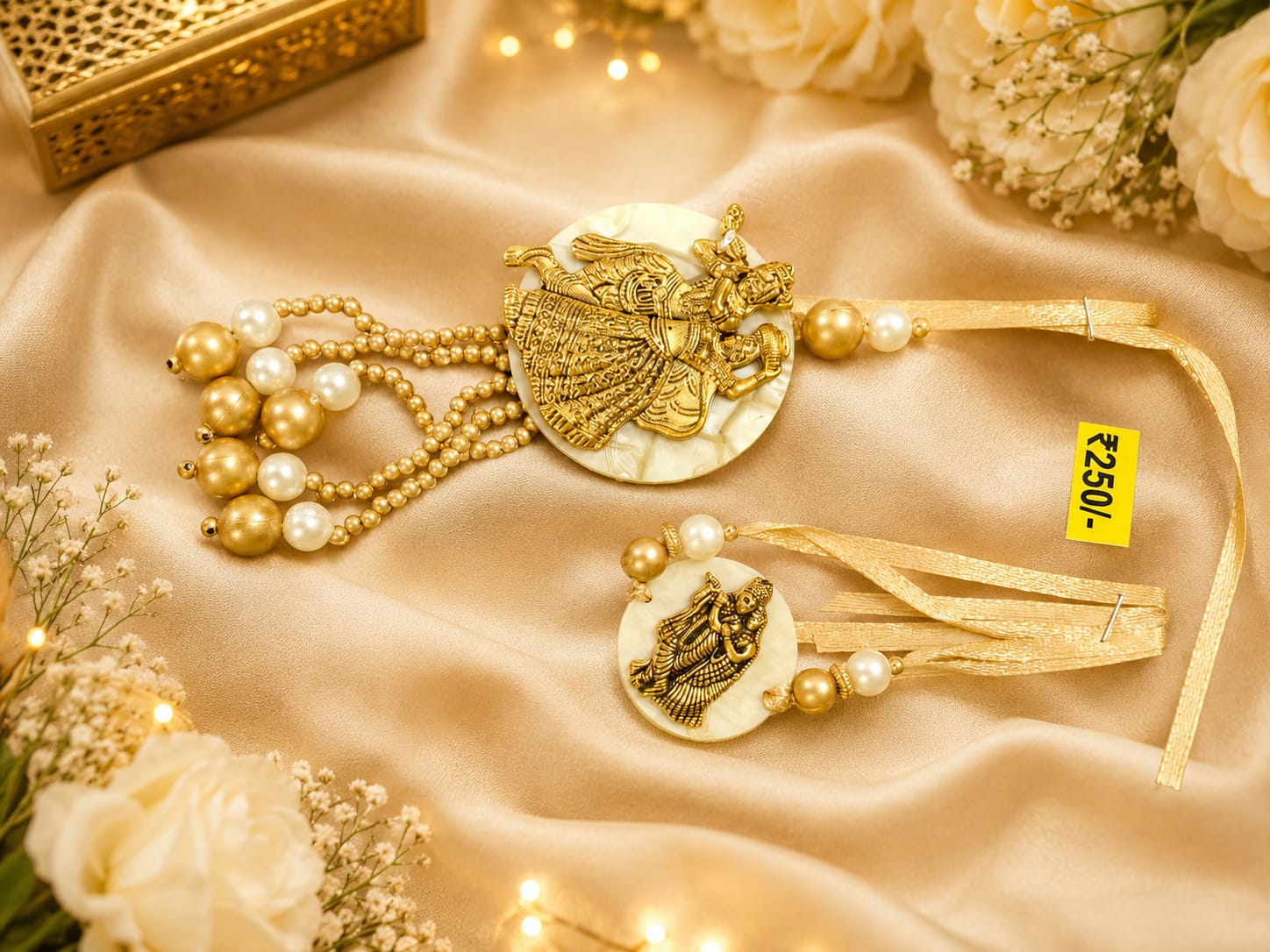 12. Radha Krishna Pearl Designer Rakhi & Lumba Set