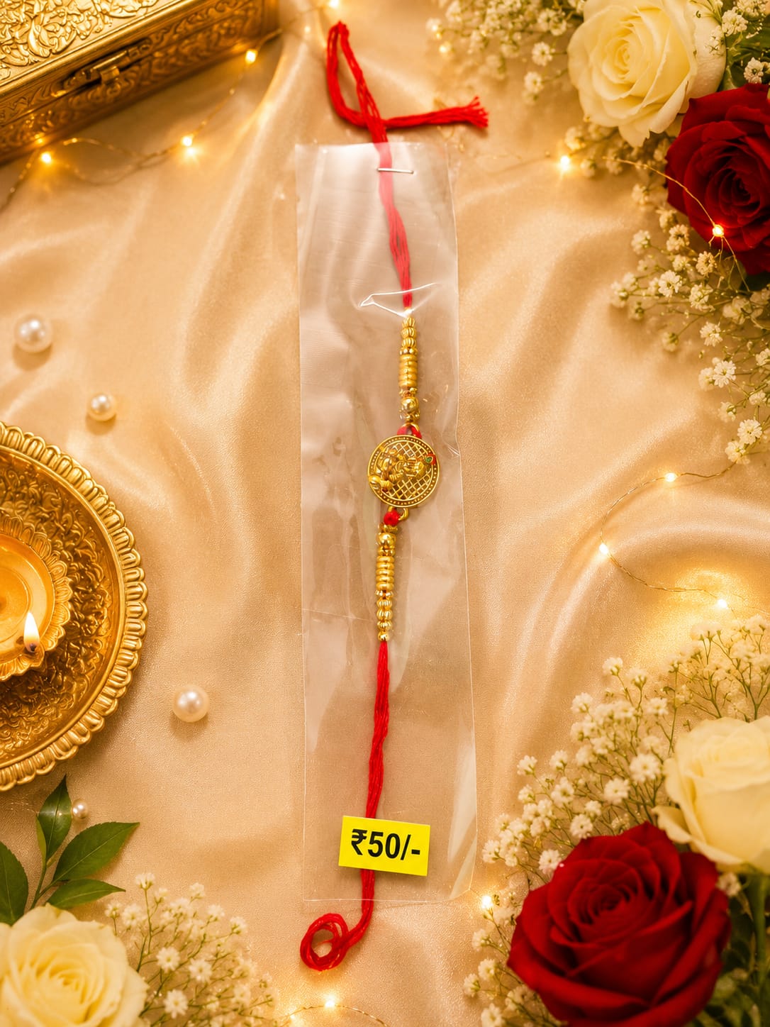 Luxury Golden Om Symbol Rakhi with Red Thread – Premium Rakhi
