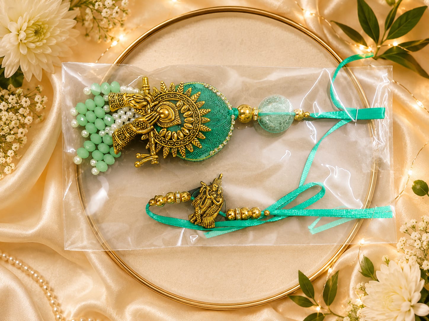 15. Premium Radha Krishna Rakhi Set with Decorative Lumba Rakhi – Mint Green & Antique Gold
