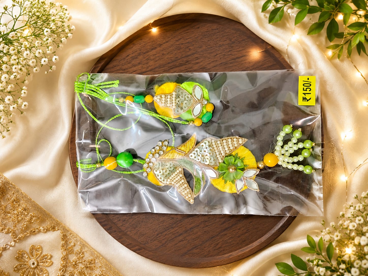 16. Handcrafted Floral Bhaiya Bhabhi Rakhi Set – Yellow & Green Pearl Design