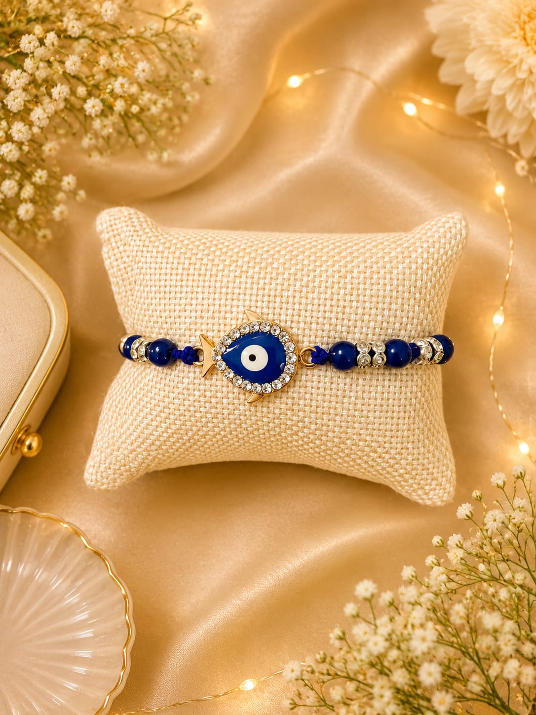 19. Evil Eye Fish Charm Rakhi with Blue Beads & Crystal Stones