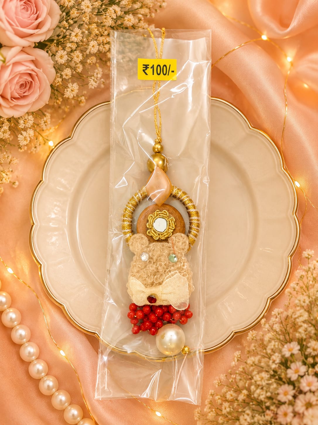 Premium Teddy Charm Rakhi with Mirror & Pearl Decoration