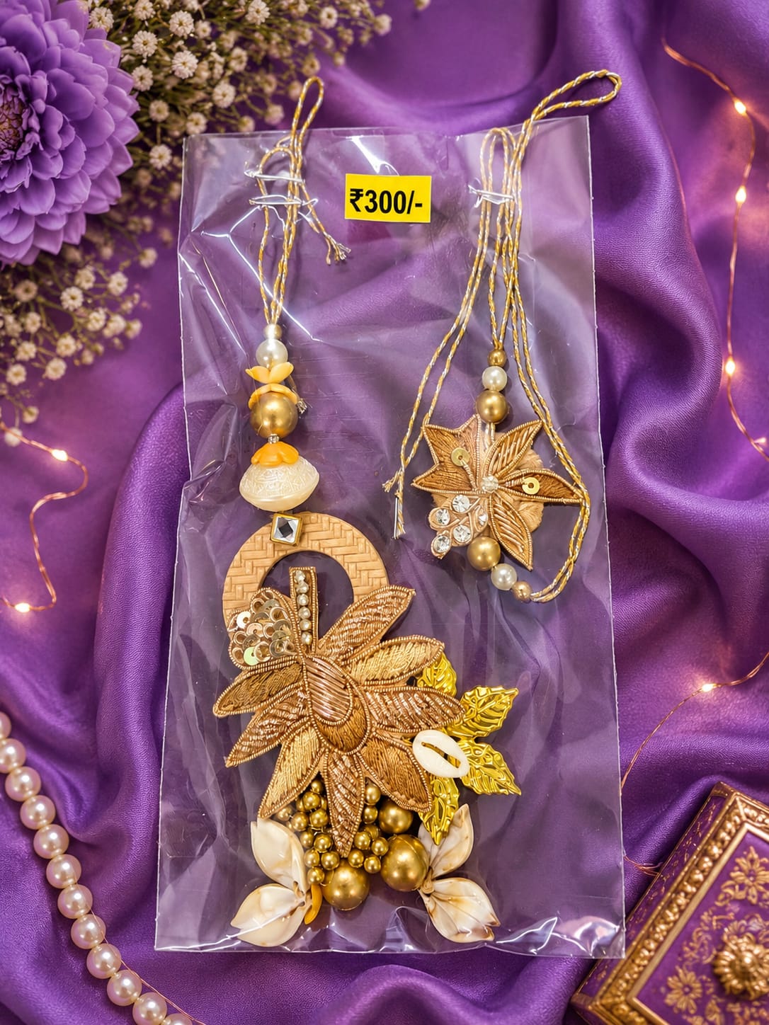 Royal Golden Designer Rakhi with Floral Hanging