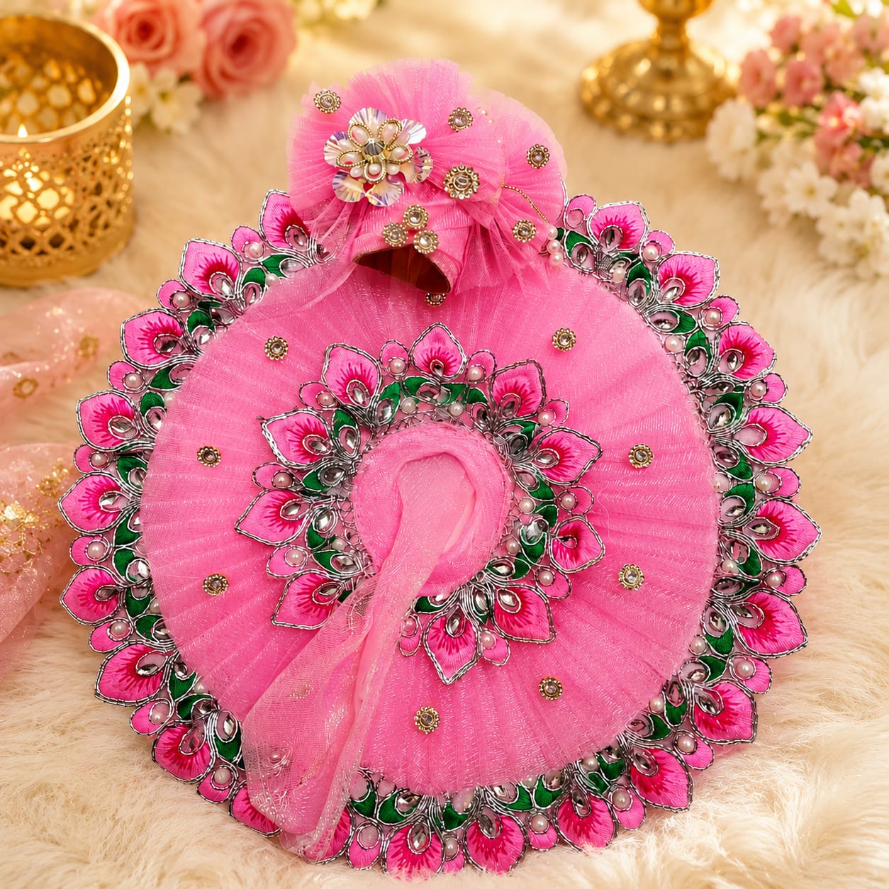 1. Premium Pink Floral Designer Laddu Gopal Poshak with Mukut