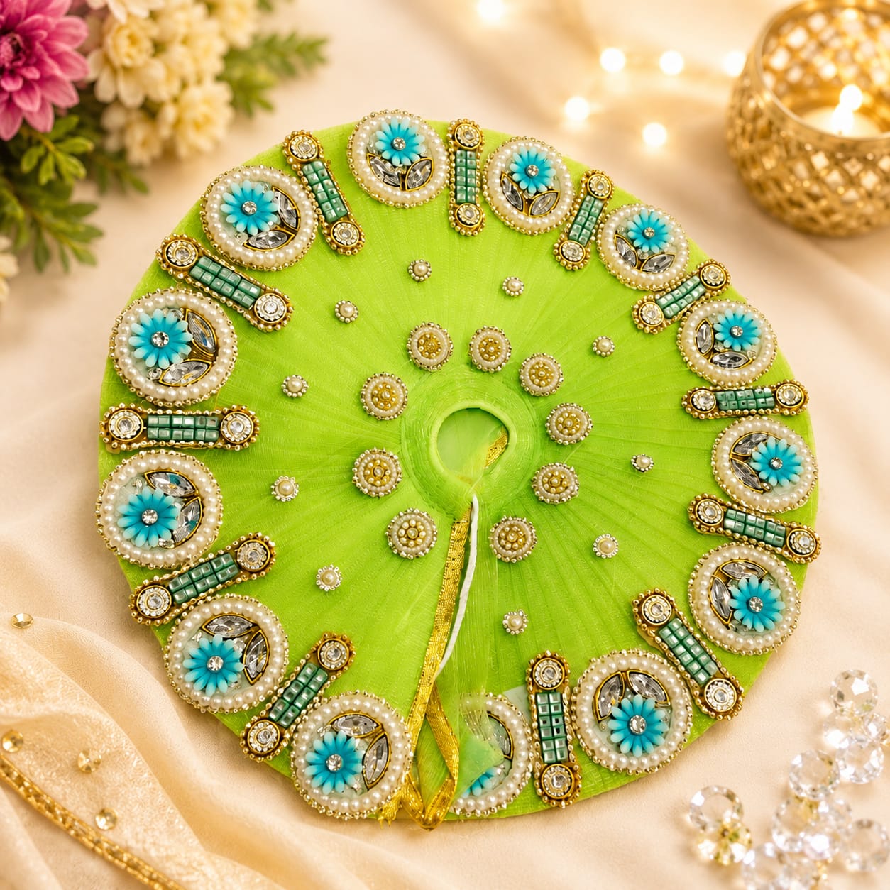Premium Green Designer Laddu Gopal Poshak Set | Pearl & Stone Work Kanha Dress