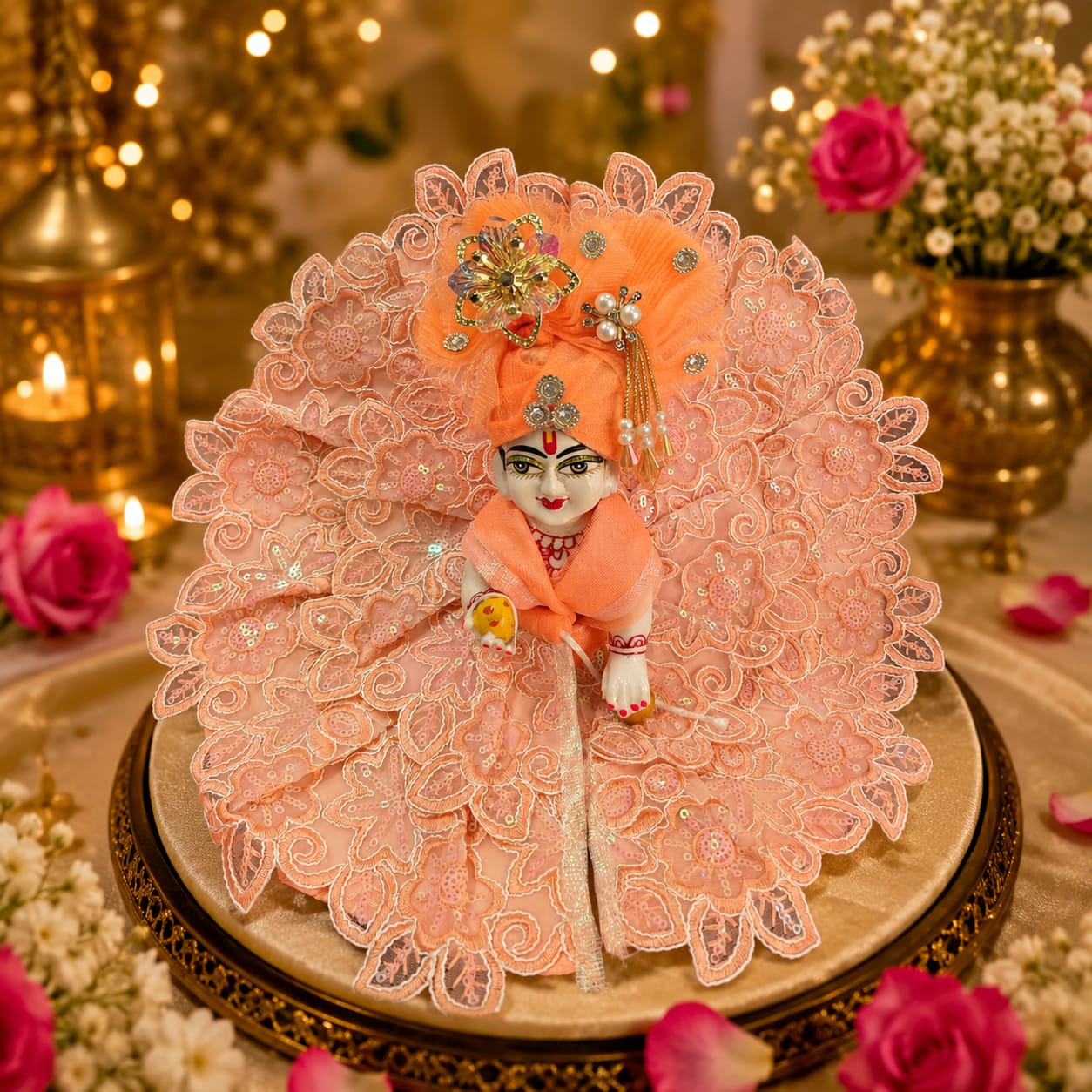 Handcrafted Peach Lace Laddu Gopal Poshak with Mukut & Pearl Work
