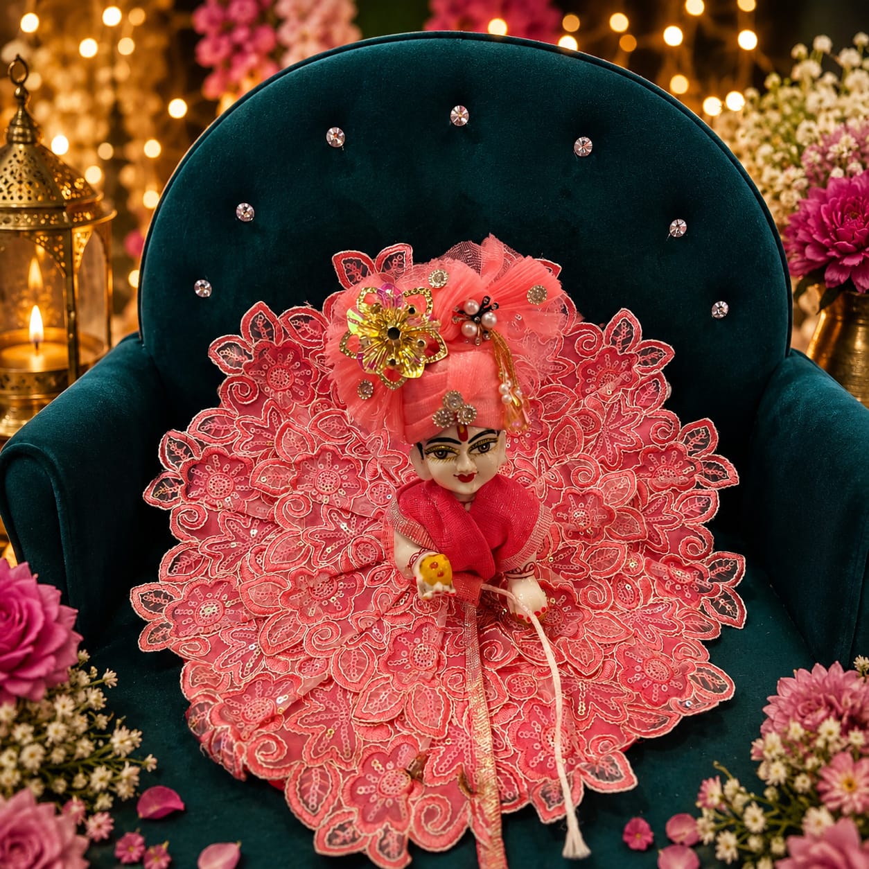 Shri Krishna Laddu Gopal Floral Net Poshak with Turban
