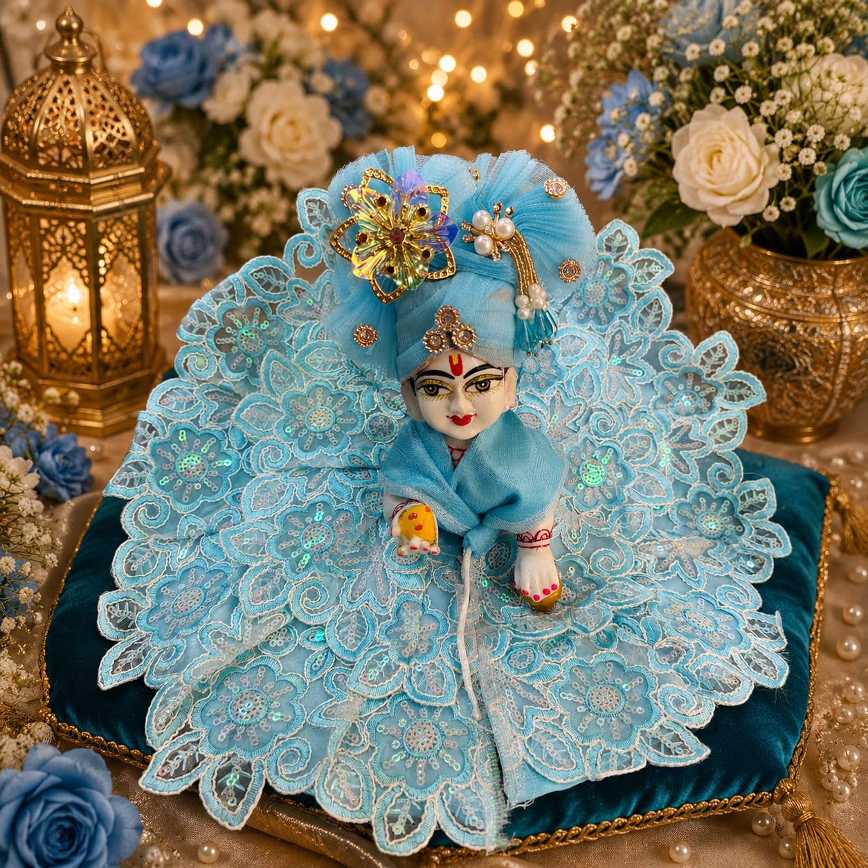 Designer Baby Blue Laddu Gopal Dress | Fancy Floral Lace Poshak with Mukut