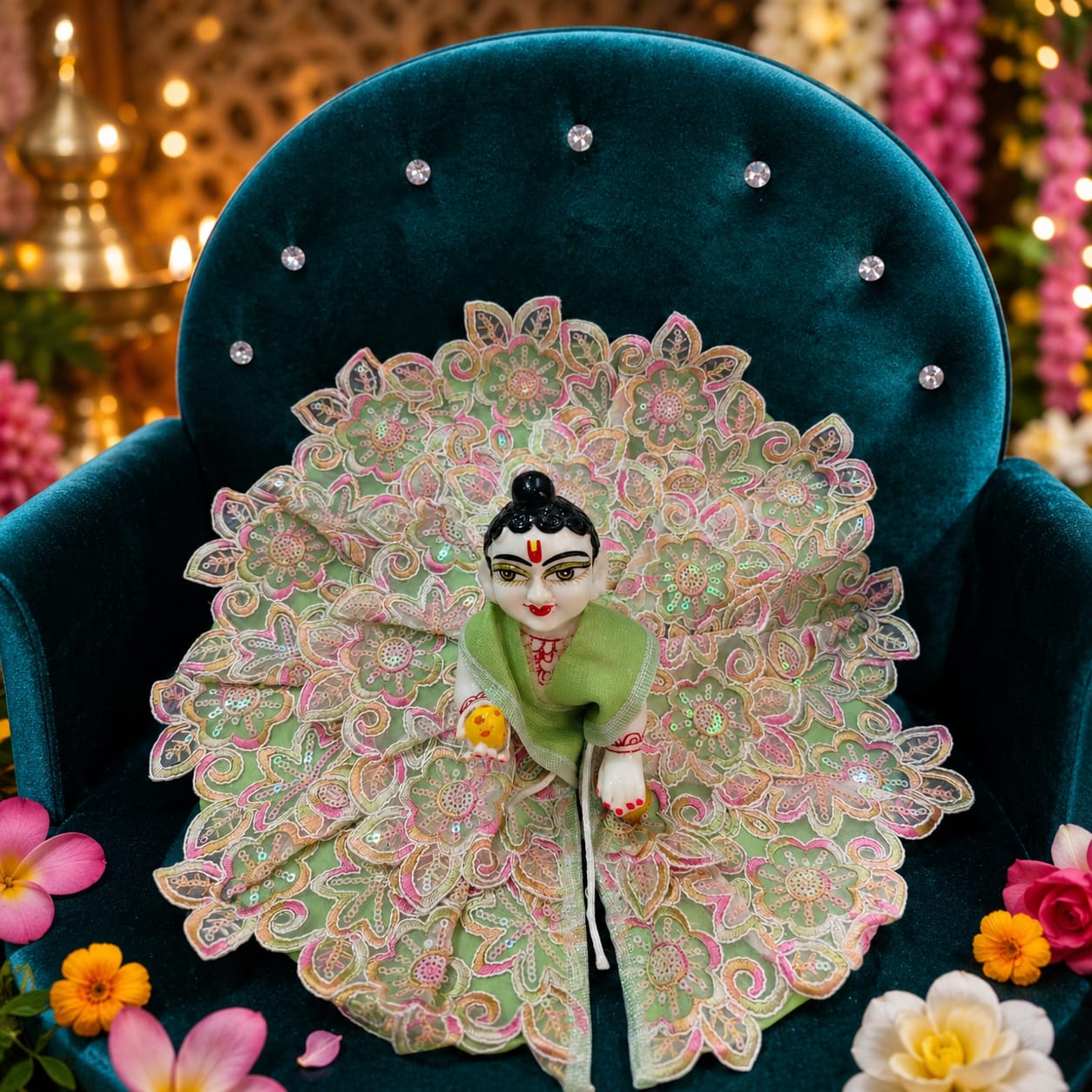7. Laddu Gopal Premium Floral Net Poshak with Sequin Embroidery – Light Green Designer Dress