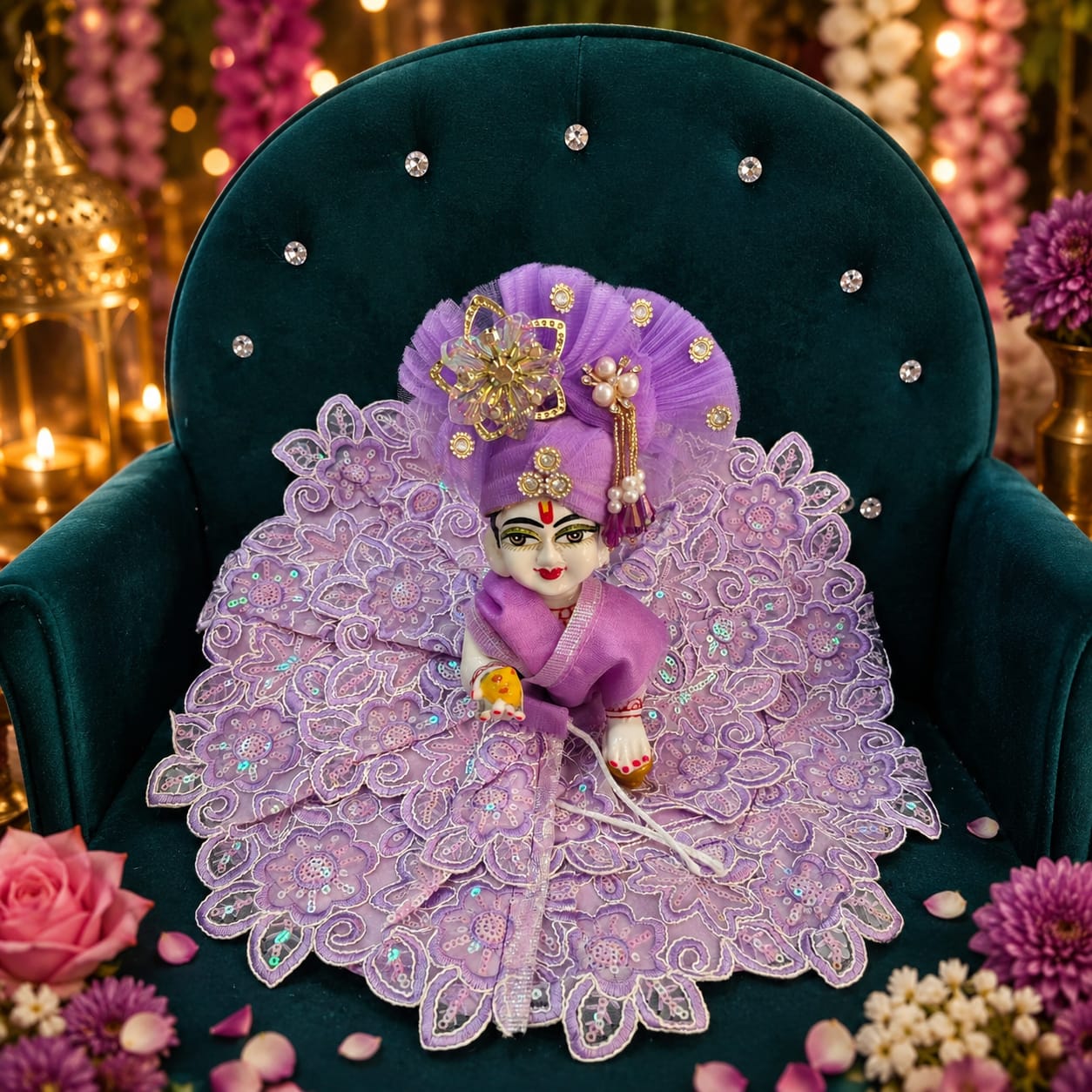 8. Handmade Purple Floral Lace Laddu Gopal Dress with Designer & Mukut Set