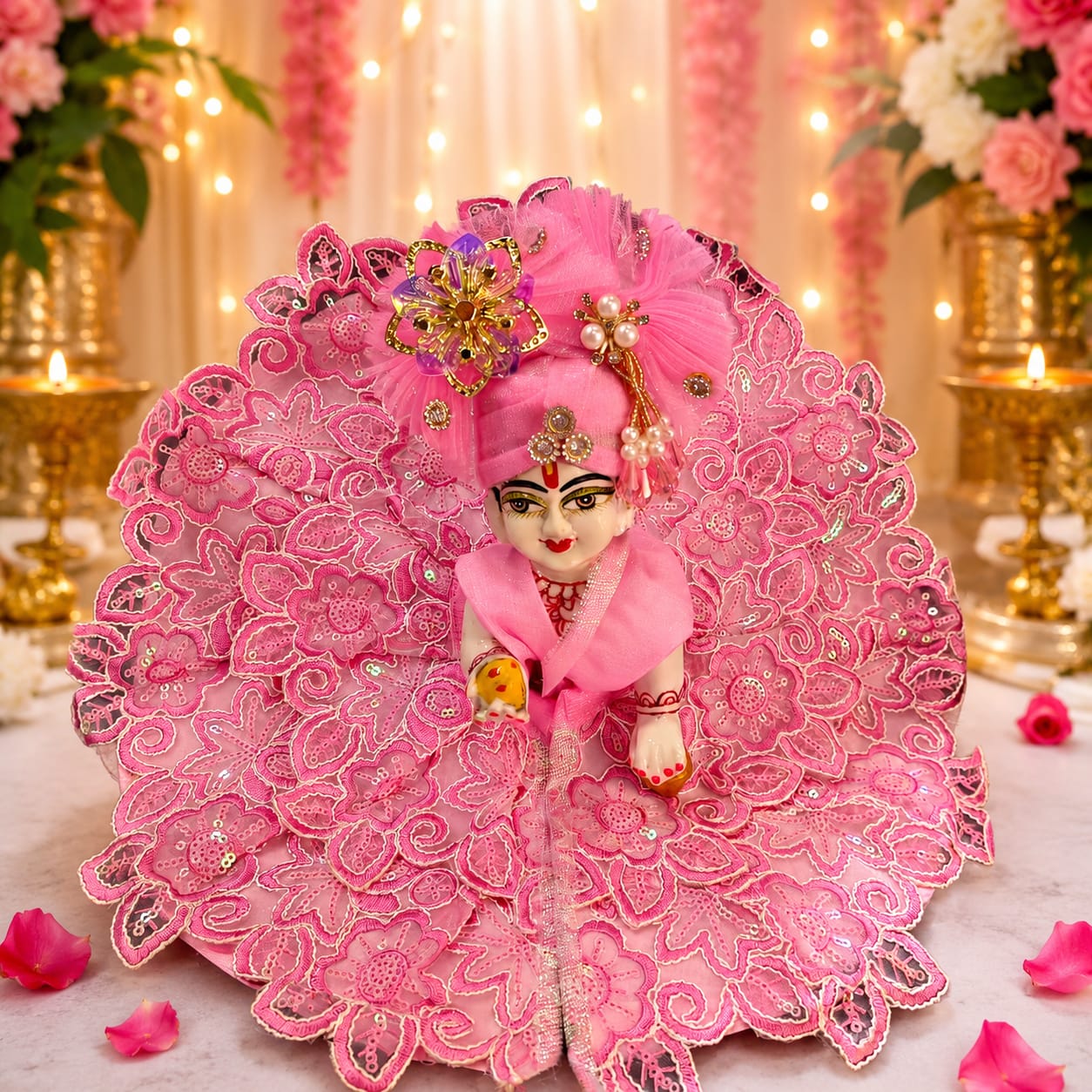 Handcrafted Pink Floral Lace Laddu Gopal Dress with Designer Mukut (Bal Gopal Poshak)
