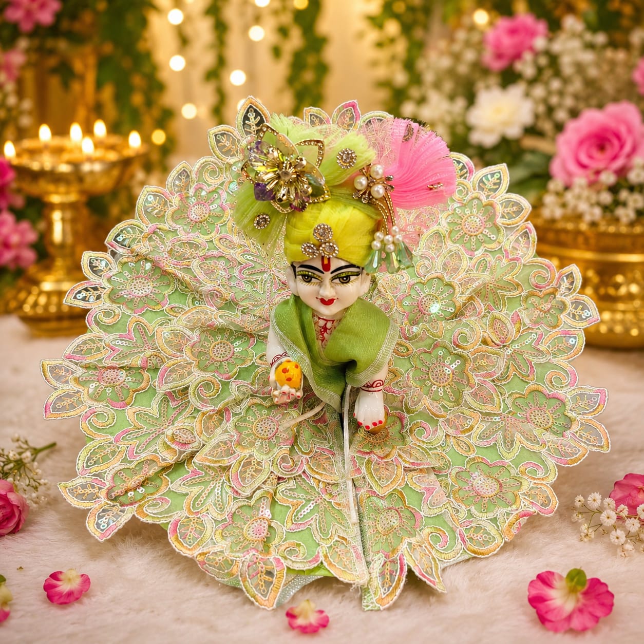 10. Handcrafted Laddu Gopal Floral Lace Designer Dress – Lime Green & Pink