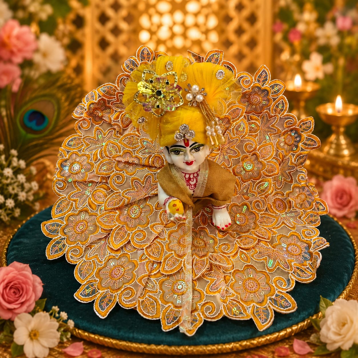 11. Handcrafted Laddu Gopal Yellow Floral Lace Dress with Mukut & Accessories