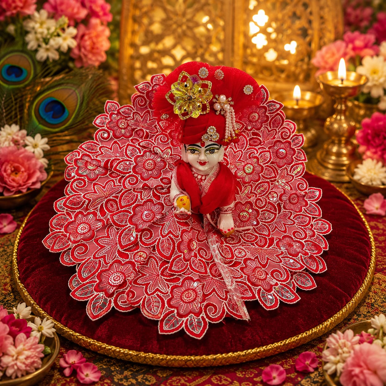 Handcrafted Red Floral Laddu Gopal Dress with Mukut & Lace Work