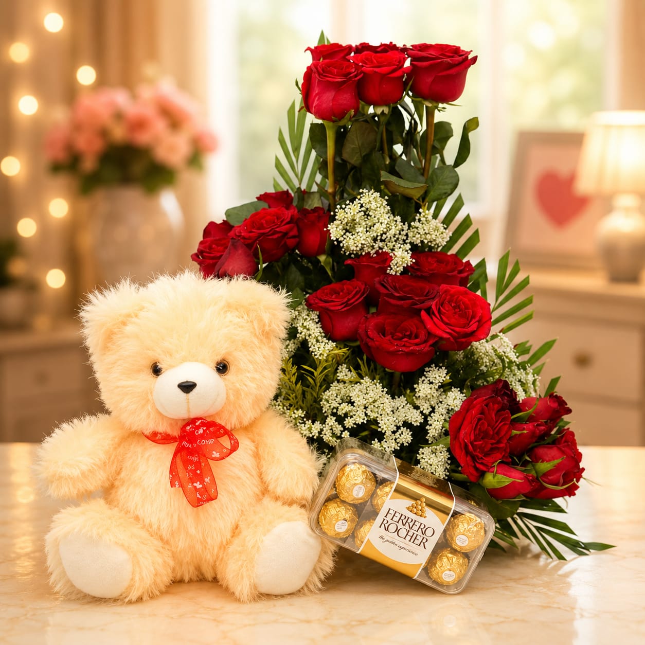 Red Rose Baskett with Teddy & Chocolate