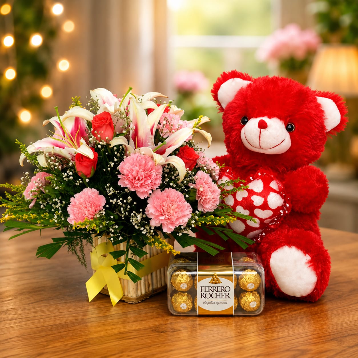 Flower Basket, Teddy & Chocolate Combo