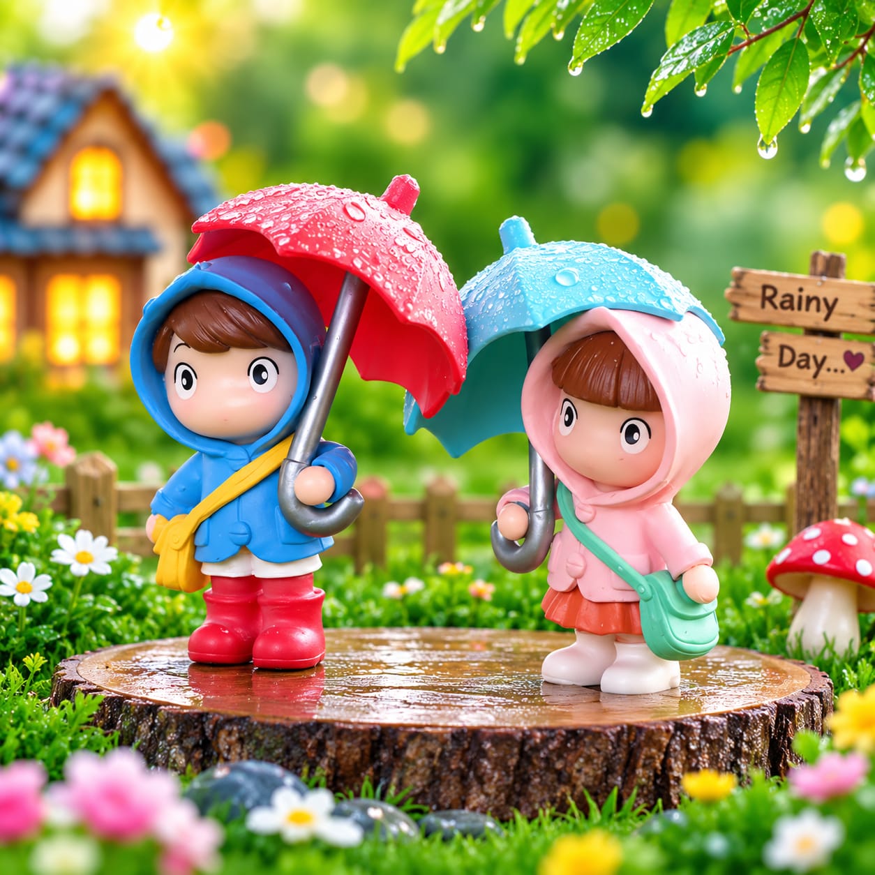 Cute Boy & Girl with Umbrella Miniature